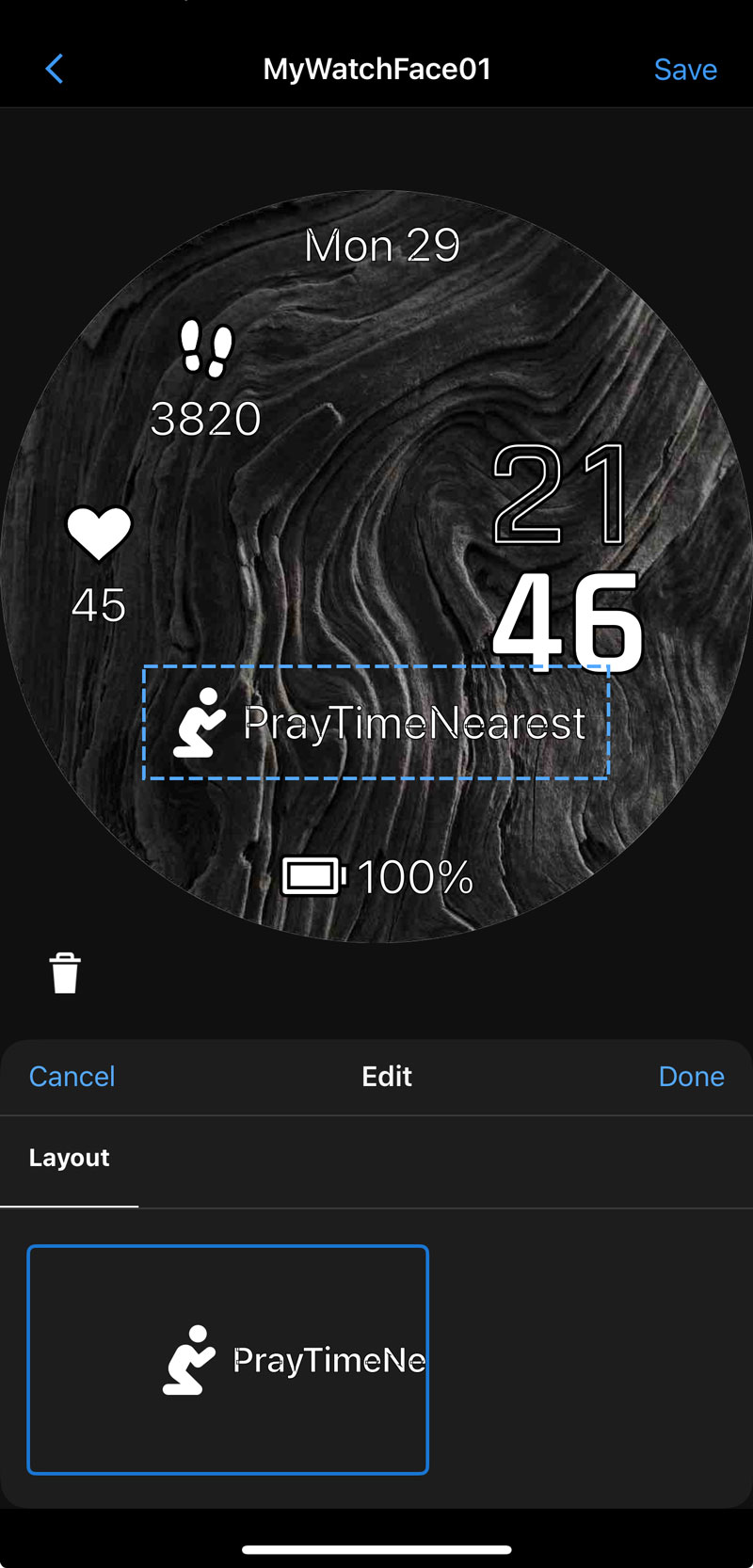 PrayTime complications on watch face